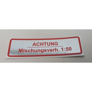 Aufkleber "Achtung Mischungsverh.1:50", für Vespa 50-125/PV/ET3/ 125VNB-TS/150 VBA-Super/Rally/PX/PE